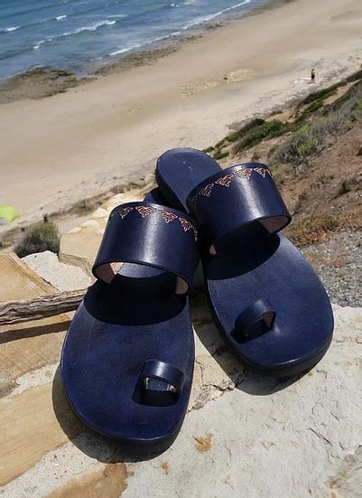 Indian Style Embossed Leather Sandal Slide Navy